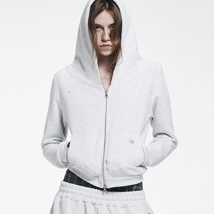 Holy Symbol Crop Hooded Zip-Up_WHITE MELANGE