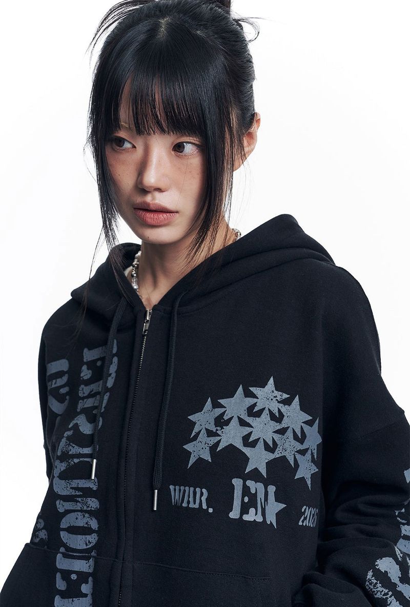 Marine Crack Print Hooded Zip-Up - Black