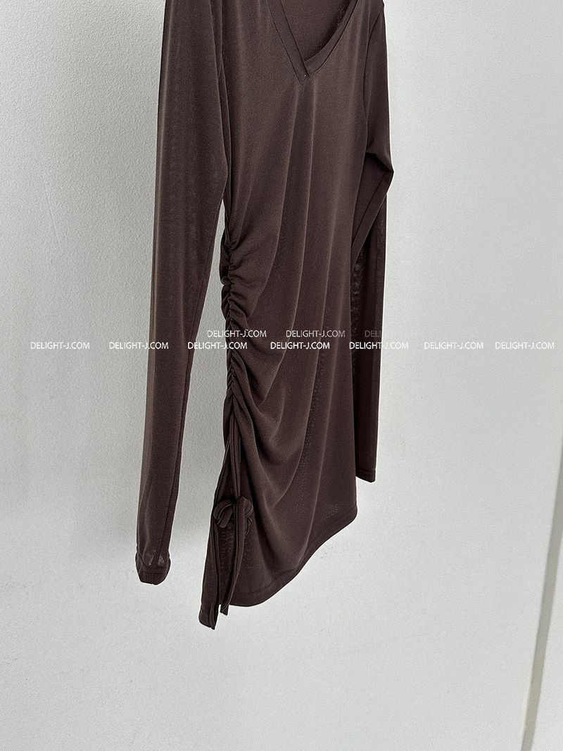 See-through Shirring V-neck Long T-shirt