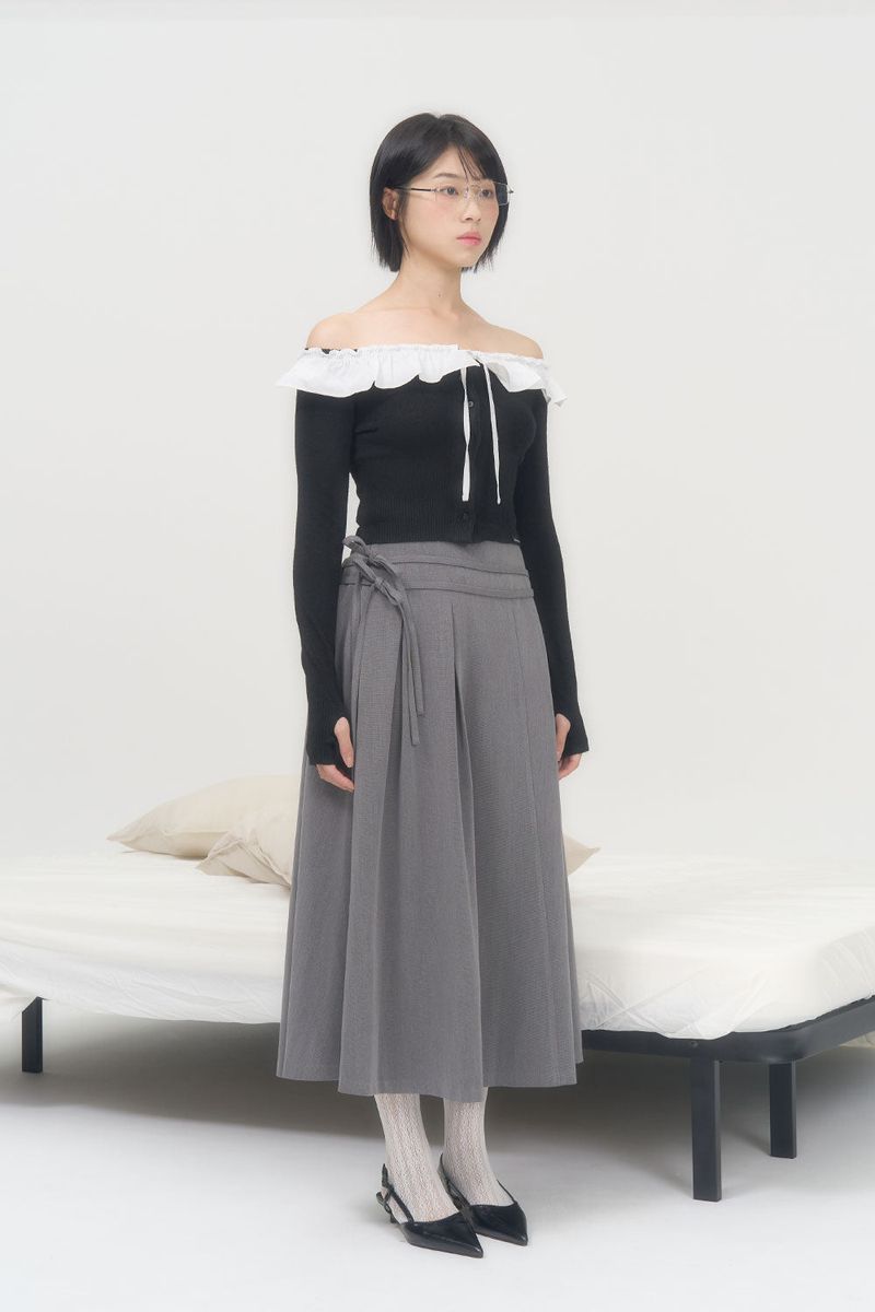 RIBBON FLARE LONG SKIRT (GRAY)