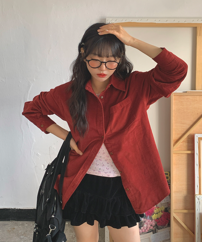 Corduroy Collar Shirt Shirt Blouse Basic Item Cotton