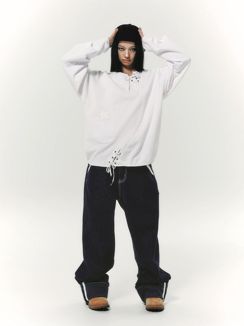 LACE ROLL UP DENIM PANTS BLUE