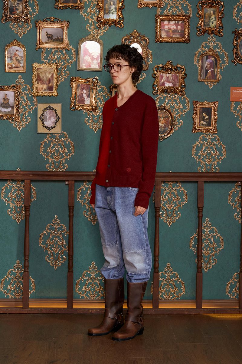 ASYMMETRY WOOL CARDIGAN / WINE&RED
