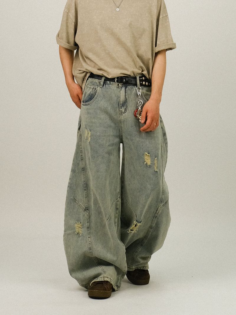 EE CURVED DAMAGE DENIM PANTS