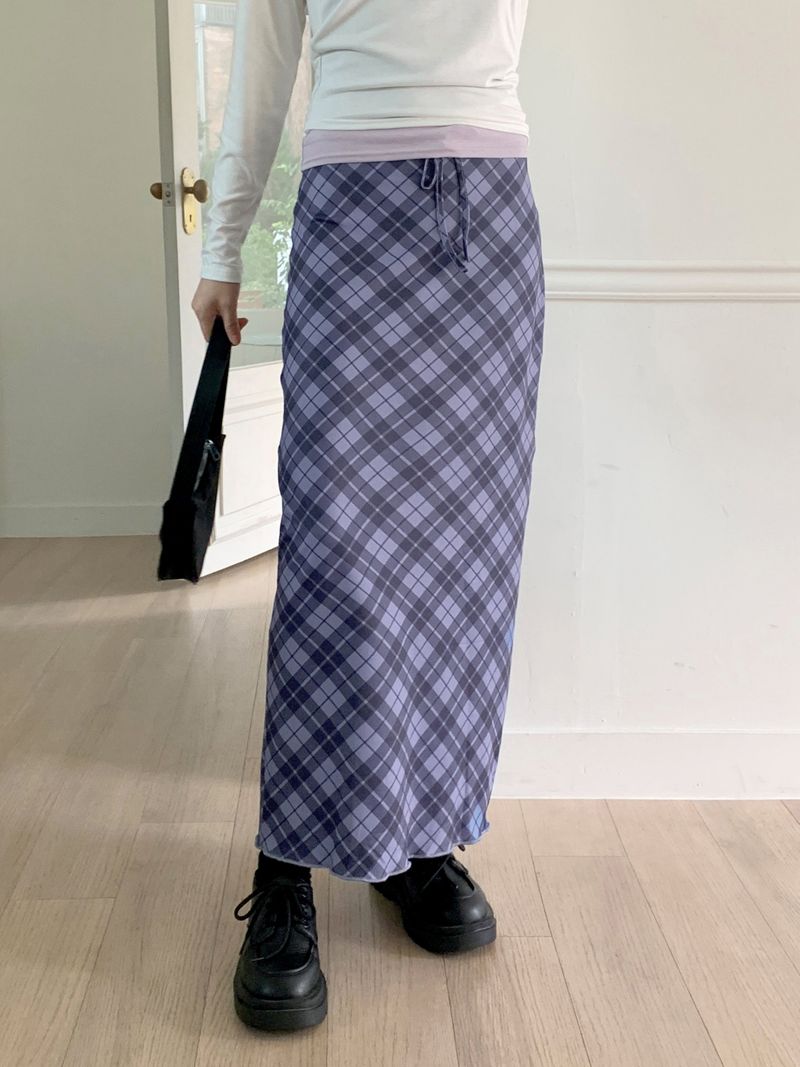 Shabin Vintage Y2K Check Pattern Ribbon Long Skirt