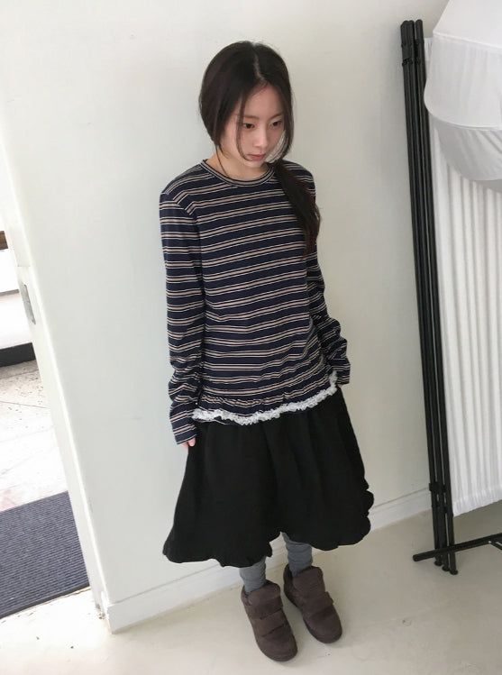 BAON（バオン）の「Kunin Frill Stripe Ribbon Long Sleeve Tee（Tops）」