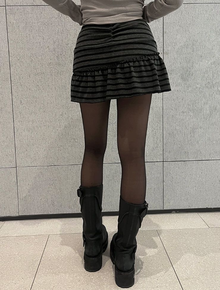 Ribbon string slit button stripe skirt