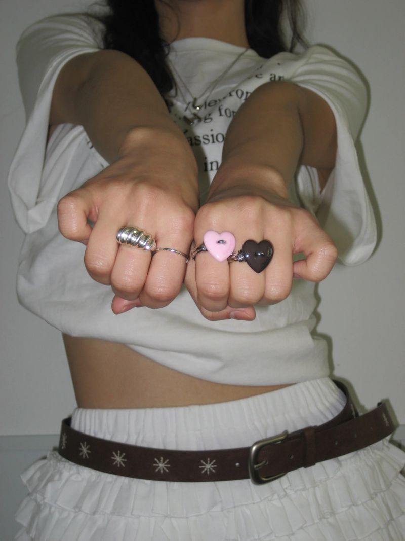 Sewing Button Ring (Heart, Pink)