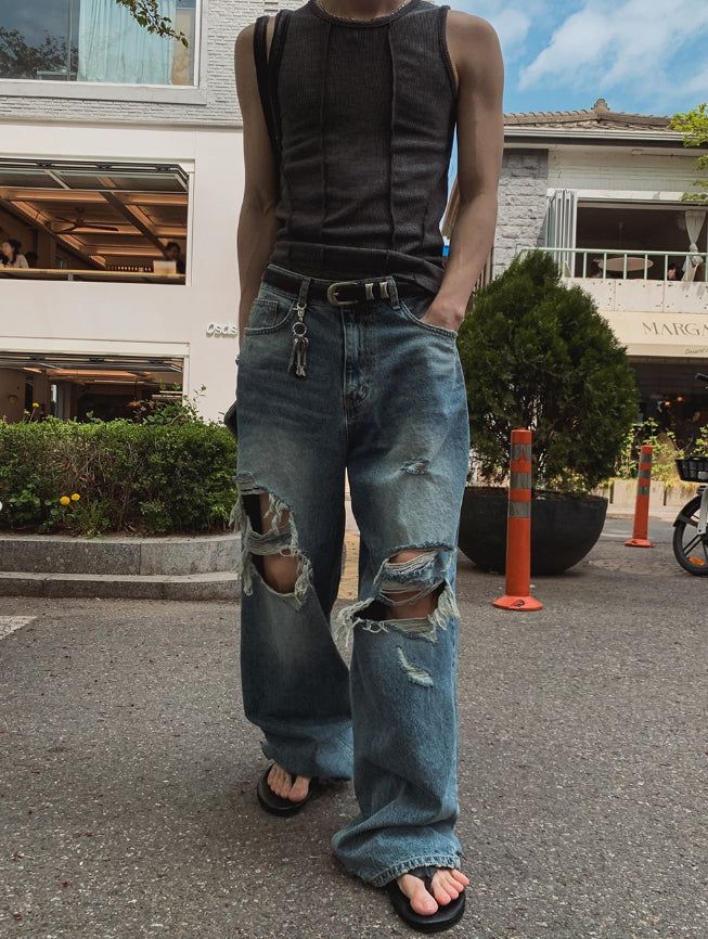 Road Damage Wide Denim Pants