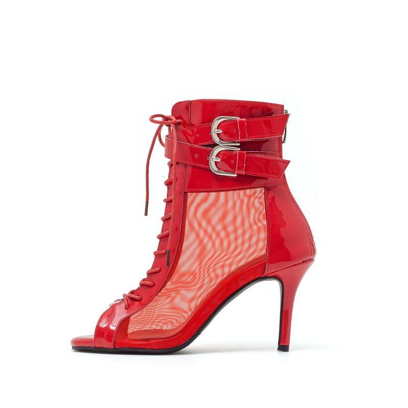 Sheer Buckle Lace-Up Open Toe Heel(Red)