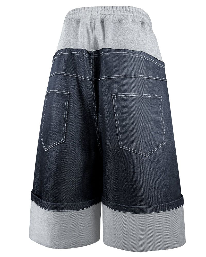 DENIM X SWEAT LAYERED ROLL UP SHORTS