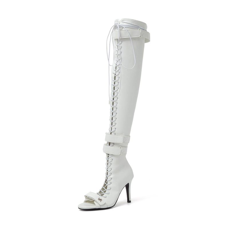 SSIMEEZ（シミズ）の「Double Strap Lace-Up Open Toe Boots Heel(White)（Shoes）」
