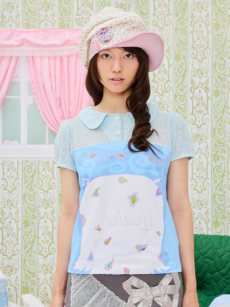UnsocialNight（アンソーシャルナイト）の「「UnsocialNight 夏の新作、インフレータブルキャット×コラボイラストプリント、パフスリーブ半袖トップス（Tops）」