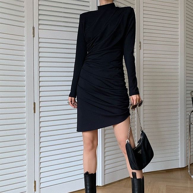 [SALE] Half-turtleneck shirring unbalanced dress