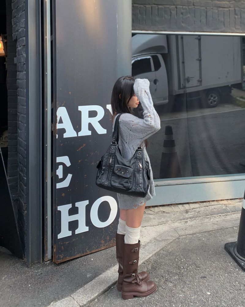 Strap leather long boots