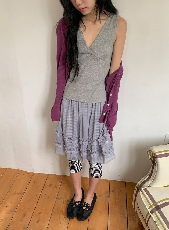 Ichi Deep V-Neck Lace Ribbed Wrap Sleeveless