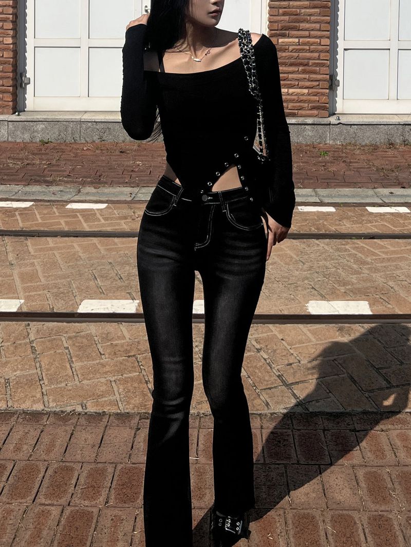 Color combination stitch gradient washed high waist spandex bootcut pants (Black)