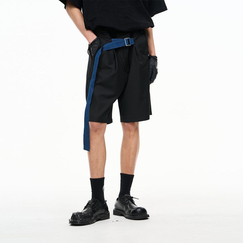 RELABEL Black Crooked Waist Head Adjustable D-Buckle Denim Belt Pleated Suit Shorts