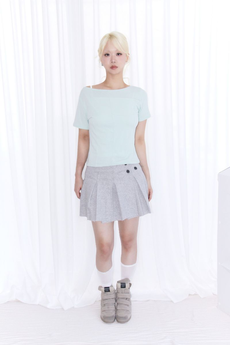 BUTTON POINT PLEATED MINI SKIRT (2COLOR)