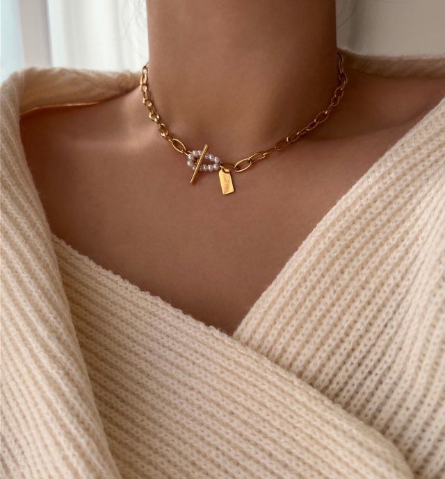 jum Pearl Guest Look Toggle Bar Bold Short Chain Necklace