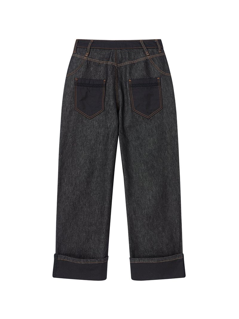 LACE ROLL UP DENIM PANTS BLACK