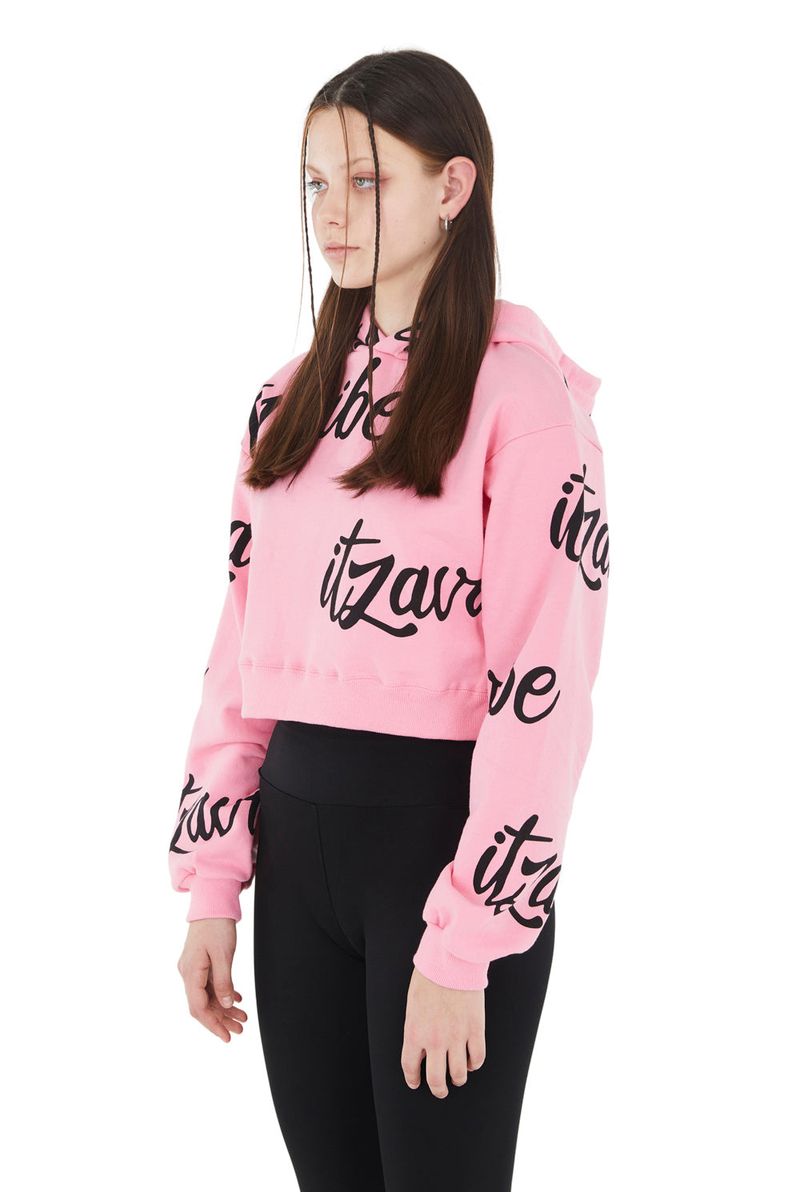 [IHD005-5] SCRIPT PATTERN CROP HOODIE - PINK