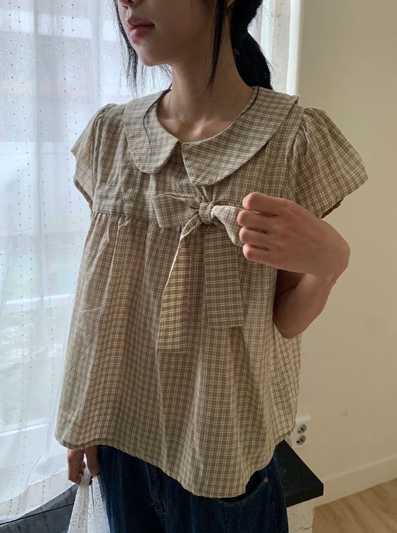 Meva Check Ribbon Short Sleeve Blouse