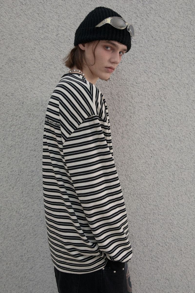 Stripe Henry neck T-shirt - Black