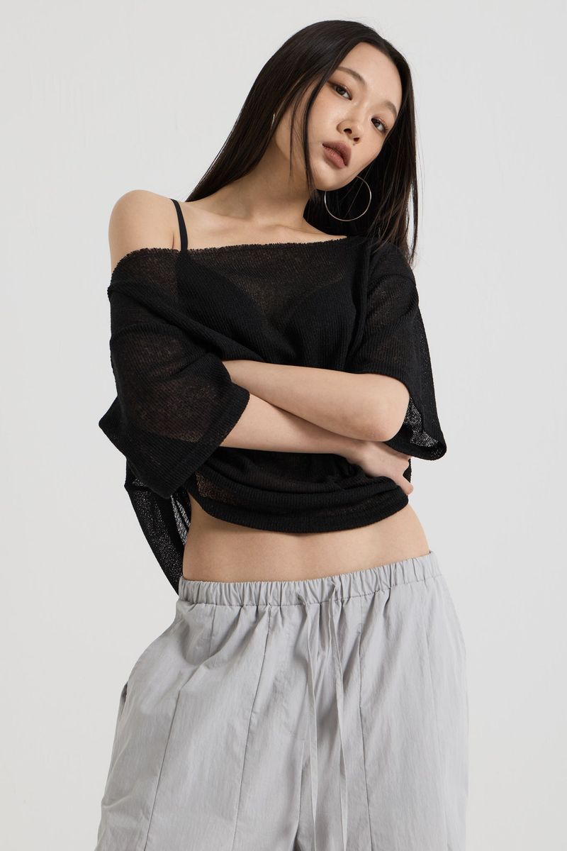 Knit one-shoulder t-shirt, Black