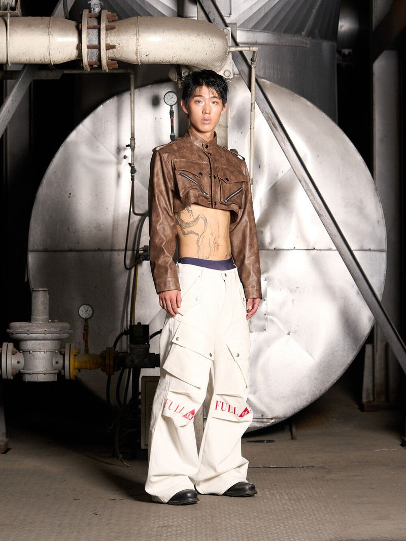 Leather Crop Cargo Jacket (Brown)