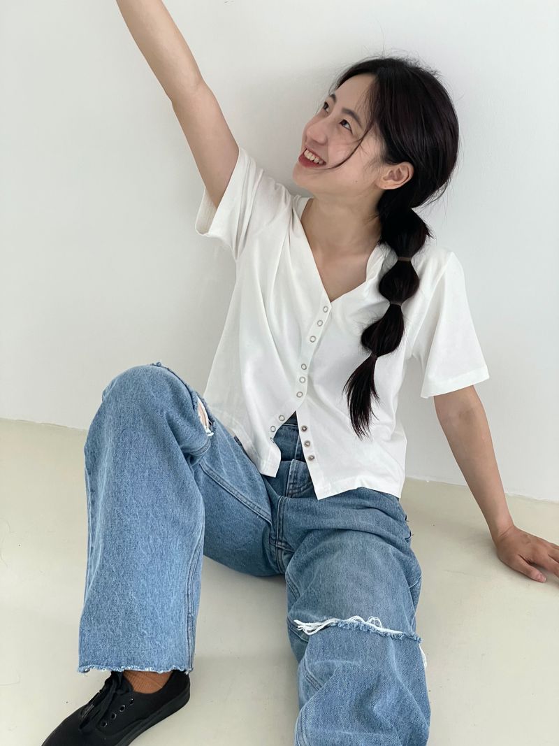 Damage cutting wide denim pants