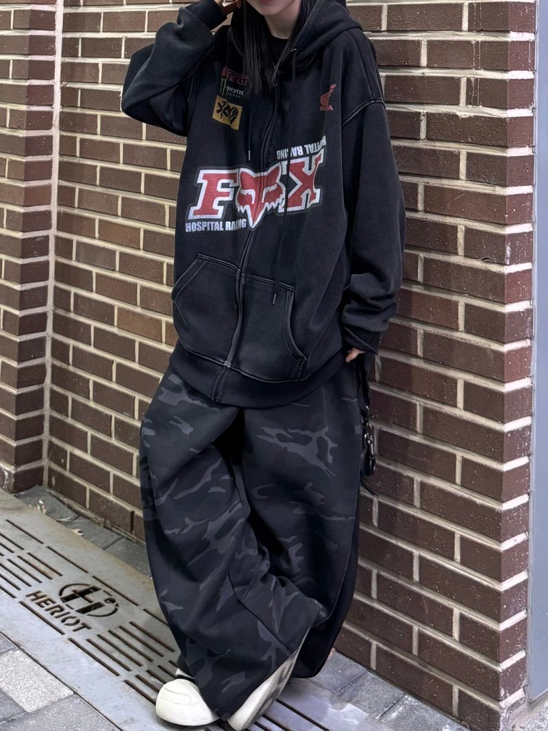 washed racing zip-up hoodie
