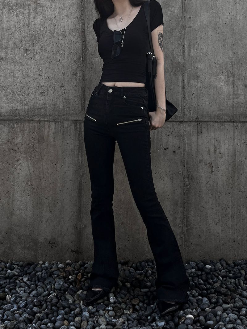 black zipper bootcut denim