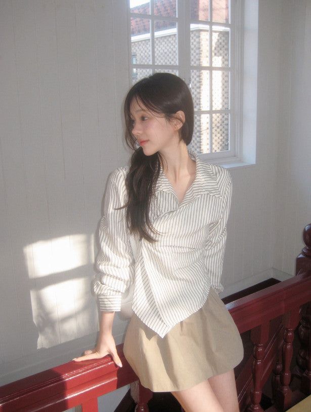 MT Pintuck Strap Button Stripe Wrap Shirt (3color)