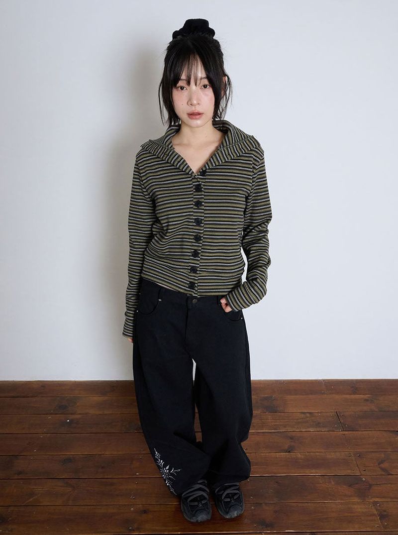 STRIPED HIGH NECK BUTTON CARDIGAN - OLIVE