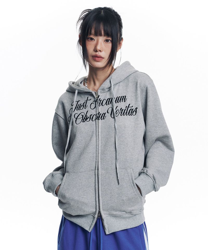 Lettering Embroidered Hoodie Zip-Up - Gray