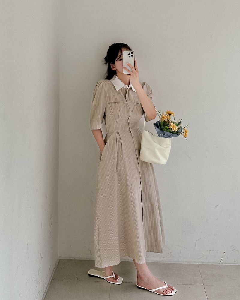 Moon collar striped long dress
