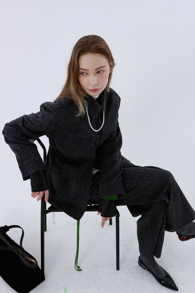 HERRINGBONE HALF COAT_BLACK