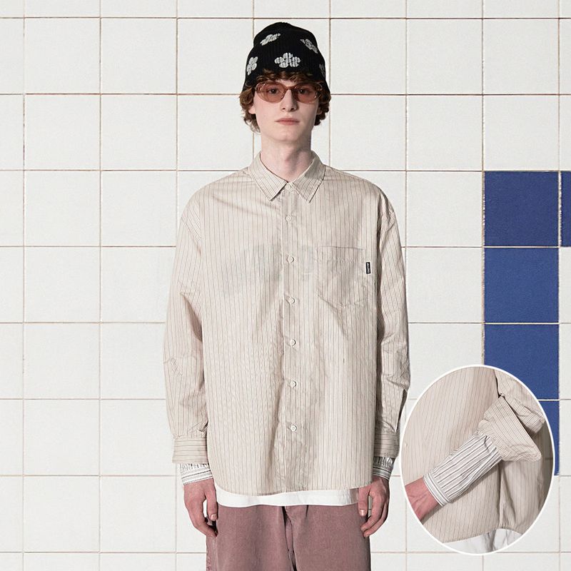 UNALLOYED（アナロイド）の「LAYERED CUFFS STRIPE SHIRT / BEIGE（Tops）」