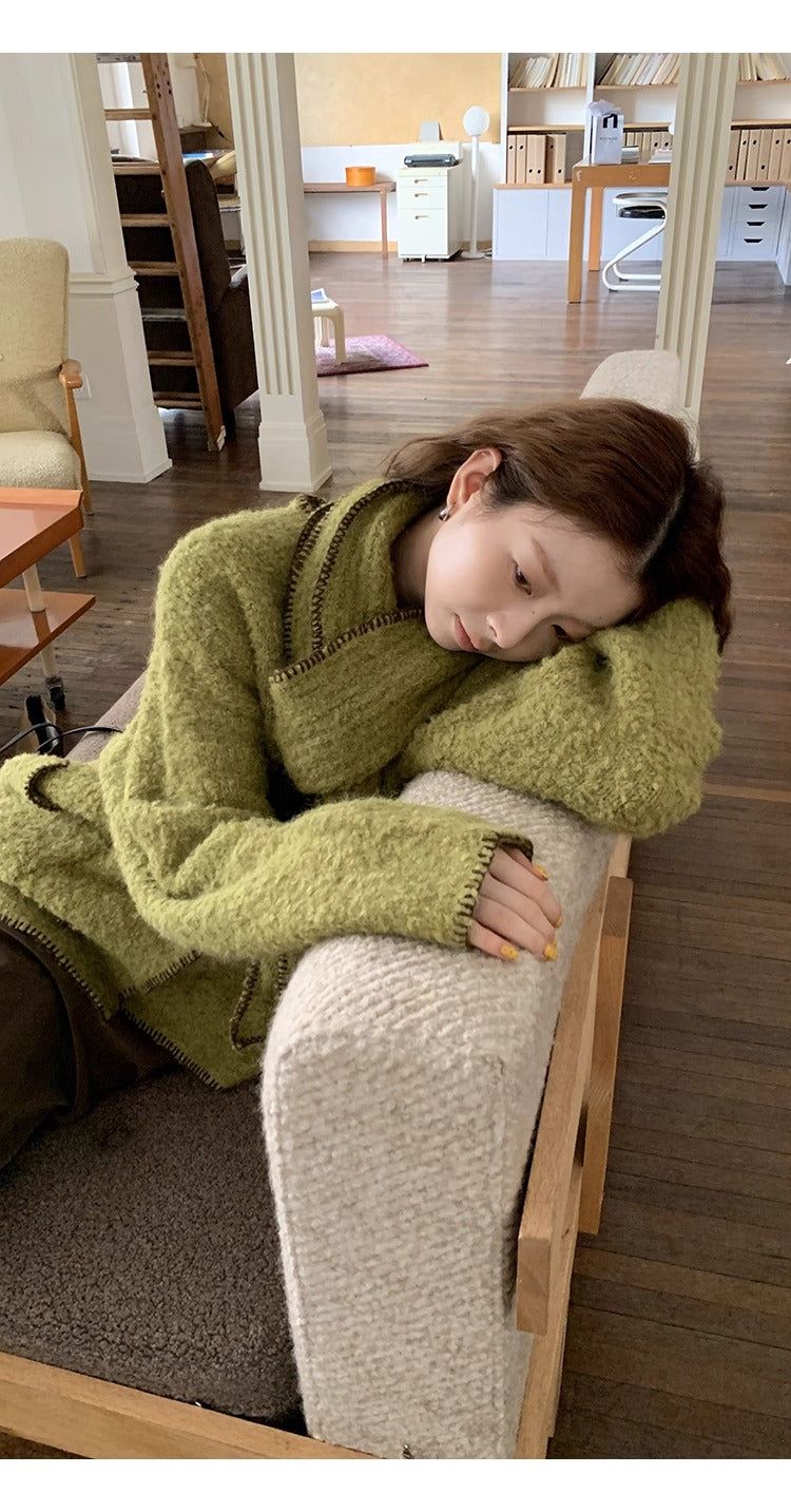 Green tea wool muffler knit cardigan