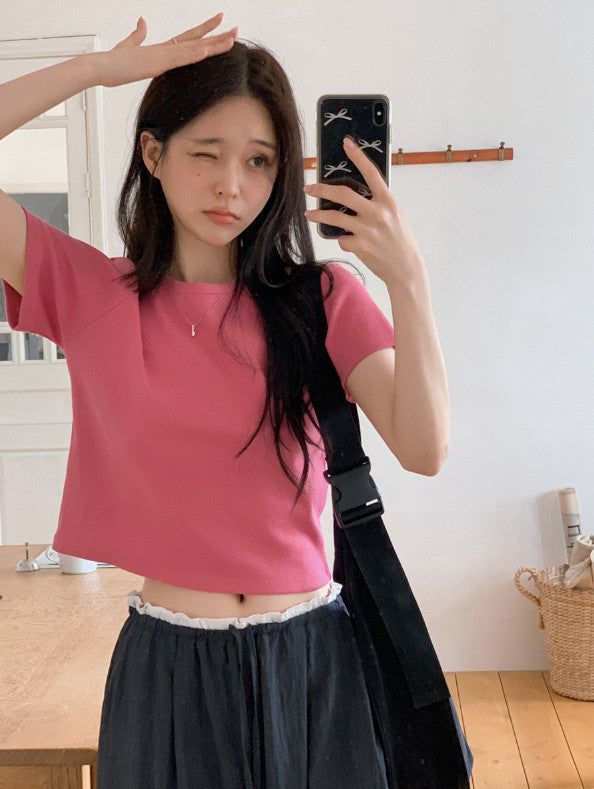 ND Basic Rib Crop Short Sleeve T-shirt (6color)