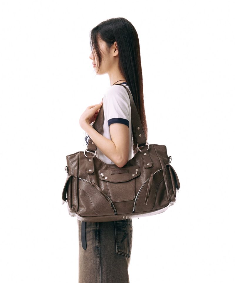 Studded Leather Shoulder Bag (Brown)