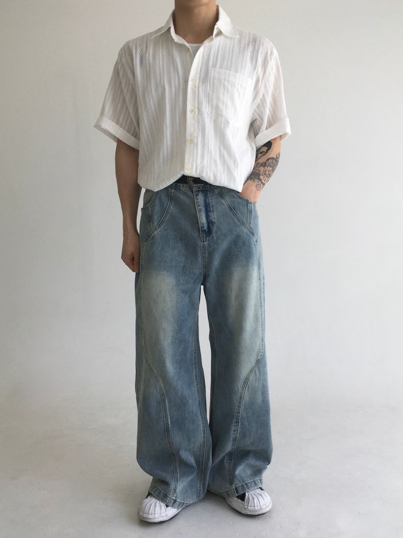 wave curved wide denim(blue)