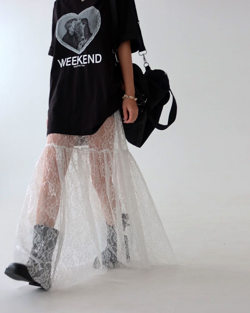 lace see-through flare layered maxi long skirt