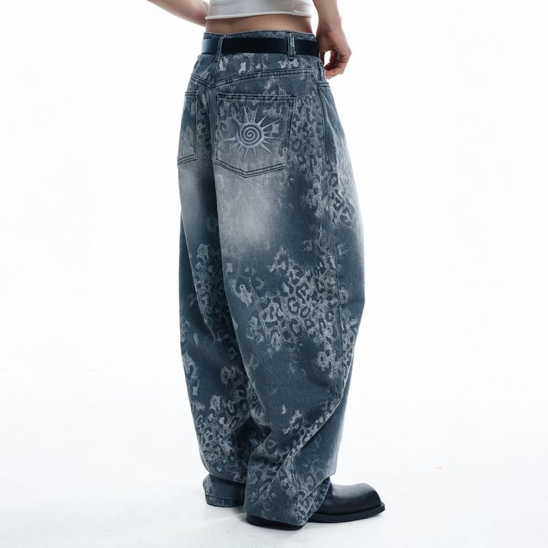 Sun Patch Leopard Balloon Denim Pants - BLACK
