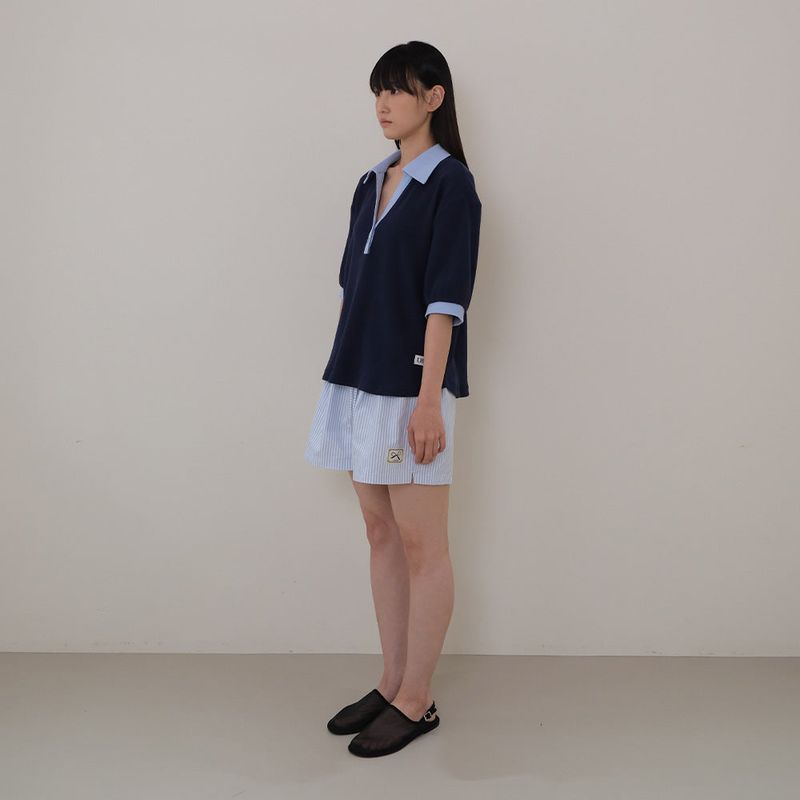 Navy Half Open Collar Tee