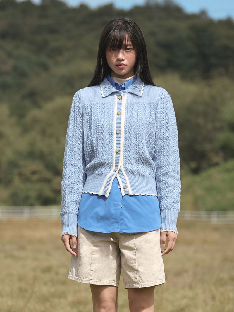 Wavy Collar Cable Merino Cardigan (Light Blue)