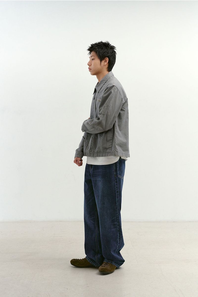 Loose Straight Biker Denim Pants (Washed Navy)