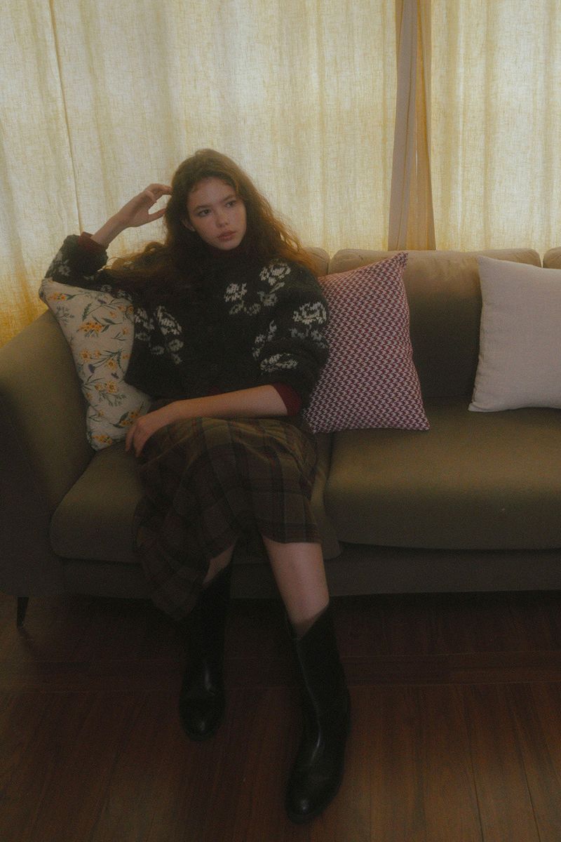 Falling long skirt_check brown