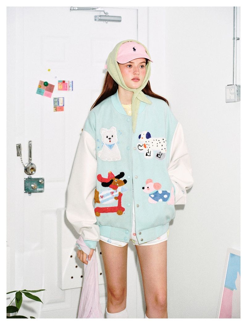 Preppy Accent Mint Cartoon Embroidered Varsity Jacket